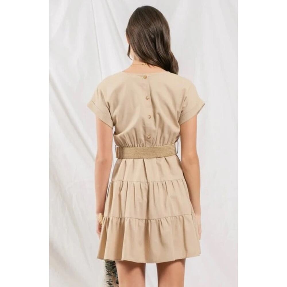 Womens Tiered Belted Ruffle Dress Medium Beige Boho Granola Quiet Luxury Fall - Picture 10 of 10